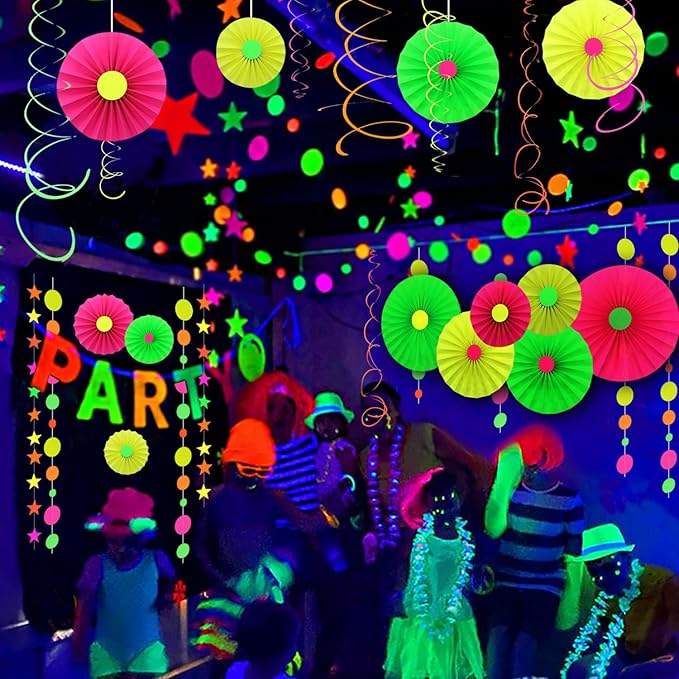 6Pcs UV Neon Hanging Paper Fans - Flowers Glow Paper Fans - Party Supplies and Decorations - Glow in The Dark Blacklight Reactive Fluorescent Black Light Kit - Neon Party for Birthday Wedding
