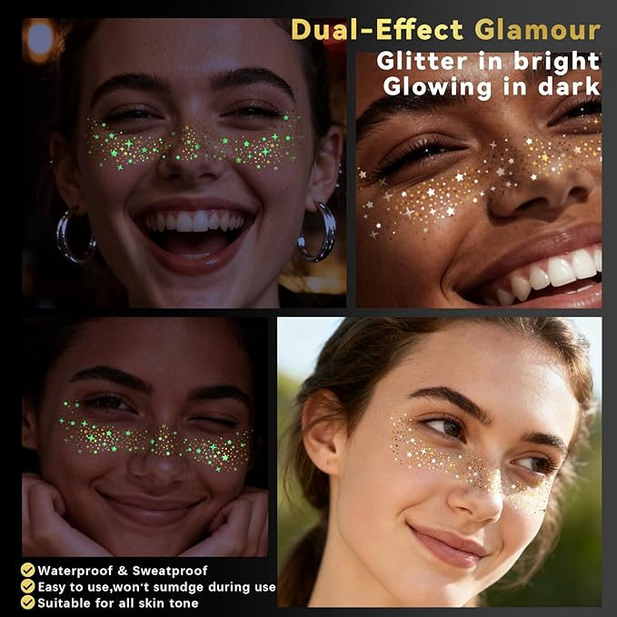 Noerrors 6pcs Glitter Freckles Glow in the Dark Temporary Speckles Tattoo Sticker, Cute Gold Star Nightglow Fake Faux Freckle Makeup Patches, Sparkle Glow Up Face Tattoo for Party