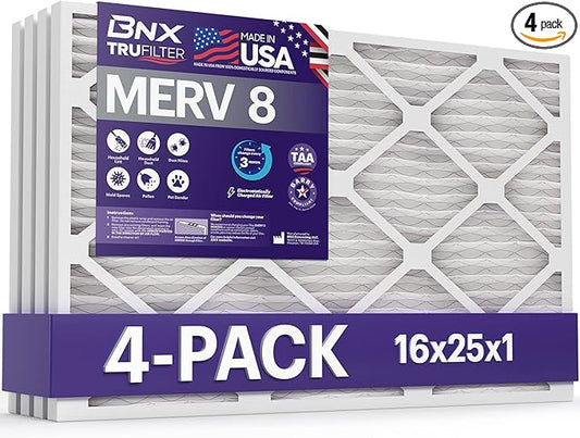 BNX TruFilter 16x25x1 Air Filter MERV 8 (4 Pack) - MADE IN USA – Dust & Pet Defense Electrostatic Pleated Air Conditioner HVAC AC Furnace Filters for Dust, Pet, Mold, Pollen MPR 600 – 700 & FPR 5