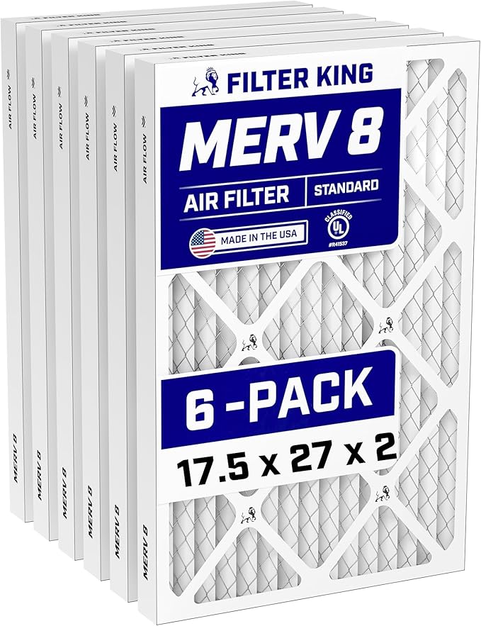 Filter King 17.5x27x2 Air Filter (MERV 8) (6-Pack) Dust & Allergy Control AC Furnace Filters, MADE IN USA, HVAC, Pleated, Electrostatic (Actual Size: 17.5 x 27 x 1.75)