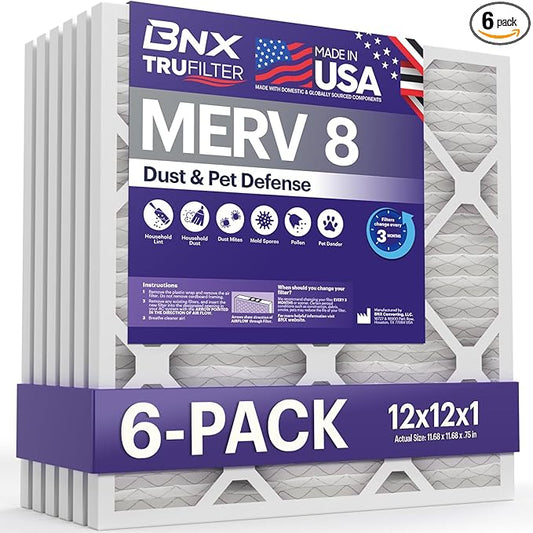 BNX TruFilter 12x12x1 Air Filter MERV 8 (6-Pack) - MADE IN USA – Dust & Pet Defense Pleated Air Conditioner HVAC AC Furnace Filters for Dust, Pet, Mold, Pollen MPR 600 – 700 & FPR 5