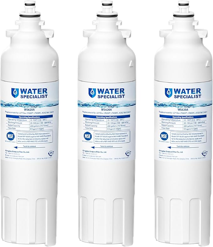 Waterspecialist ADQ73613401 Refrigerator Water Filter, Replacement for LG® LT800P®-6 Month / 200 Gallon, ADQ73613408, ADQ73613402, ADQ75795104, Kenmore 9490, LSXS26326S, LMXC23746S, 46-9490, 3 Pack