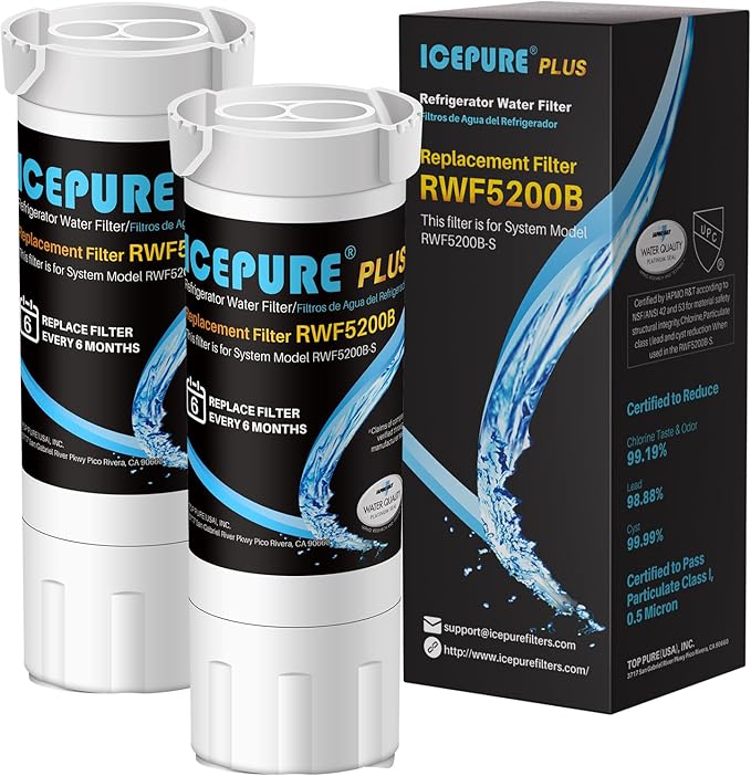ICEPURE PLUS RWF5200B NSF/ANSI 53 Replacement for XWF (𝐍𝐎𝐓 𝐗𝐖𝐅𝐄), WR17X30702, Applicable models starting with GBE21 GDE21 GDE25 GFE24 GFE26 GNE21 GNE25 GNE27 Refrigerator Water Filter, 2PACK