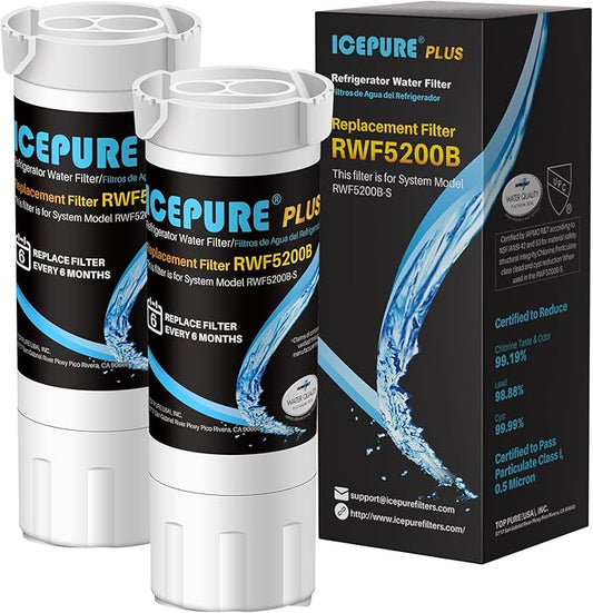 ICEPURE PLUS RWF5200B NSF/ANSI 53 Replacement for XWF (𝐍𝐎𝐓 𝐗𝐖𝐅𝐄), WR17X30702, Applicable models starting with GBE21 GDE21 GDE25 GFE24 GFE26 GNE21 GNE25 GNE27 Refrigerator Water Filter, 2PACK
