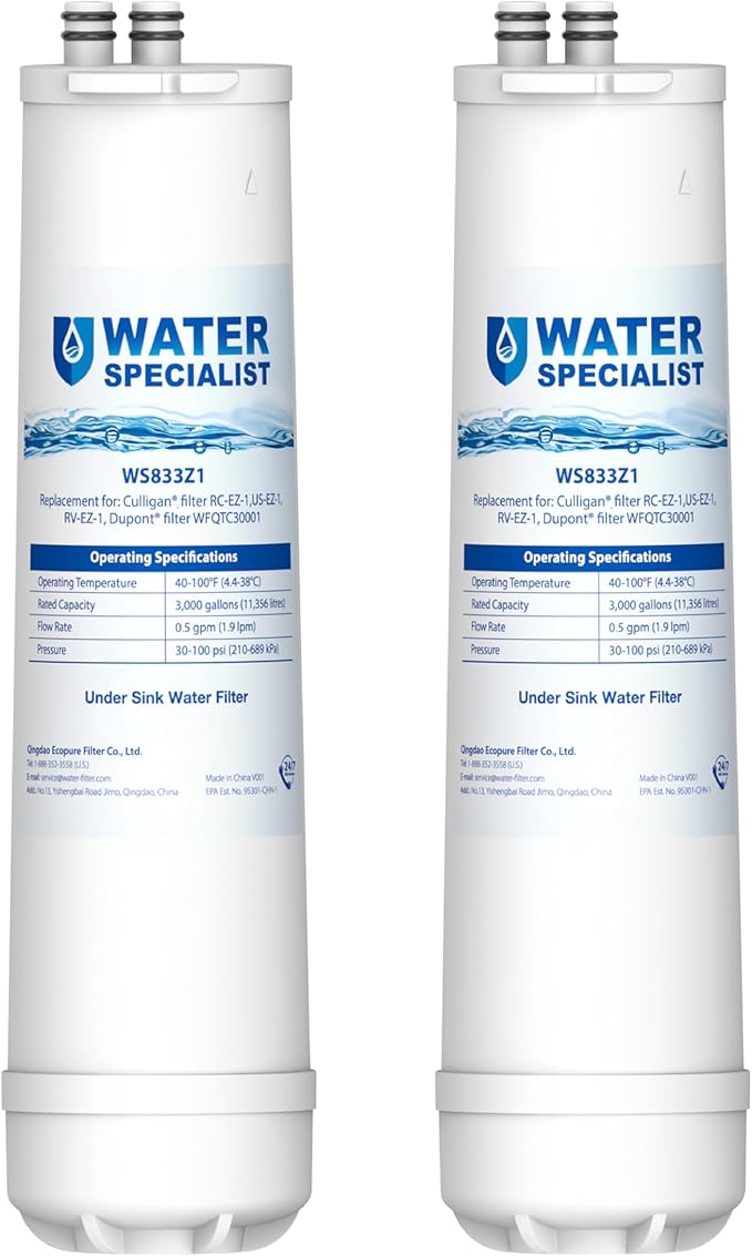 Waterspecialist RC EZ 1 Water Filter, Replacement for DuPont® Carbon 3000QT Filter, Culligan® RC-EZ-1, DuPont® WFQTC30001, WFQTC70001, Brita® USF-201, USF-202, 3K Gallons, 2 Pack