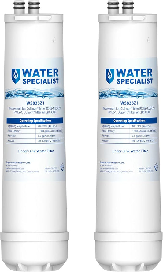 Waterspecialist RC EZ 1 Water Filter, Replacement for DuPont® Carbon 3000QT Filter, Culligan® RC-EZ-1, DuPont® WFQTC30001, WFQTC70001, Brita® USF-201, USF-202, 3K Gallons, 2 Pack