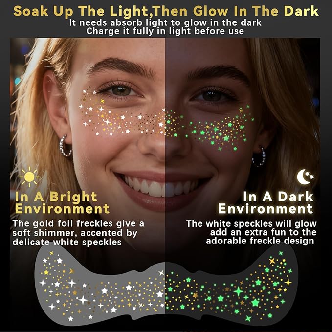 Noerrors 6pcs Glitter Freckles Glow in the Dark Temporary Speckles Tattoo Sticker, Cute Gold Star Nightglow Fake Faux Freckle Makeup Patches, Sparkle Glow Up Face Tattoo for Party
