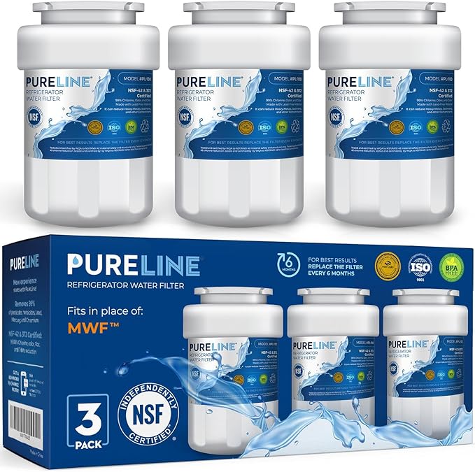 Pureline Replacement for GE® MWF® Refrigerator Water Filter, Smartwater MWFP, Kenmore 46-9991, Models MWFP, MWFINT, GWF, GWFA, Refrigerator Water Filter. NSF Certified. (3 Pack)