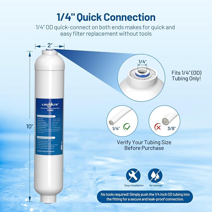 Inline Activated Carbon Block Water Filter with 1/4" Quick Connect, T33 In Line Water Filter Replacement Cartridge for Icemaker, Post Carbon Filter for RO Reverse Osmosis Water System (Pack of 2)