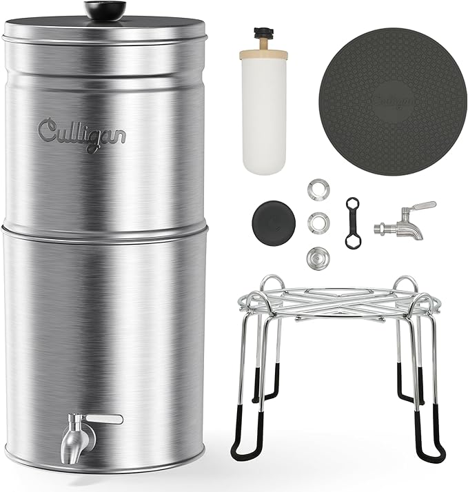 Culligan MaxClear 3 Gallon Gravity Water Filter System, Brushed Stainless-Steel Countertop Water Filter NSF/ANSI Certified to Reduce Microplastics, Lead & Total PFAS, with 3 Ceramic Filters