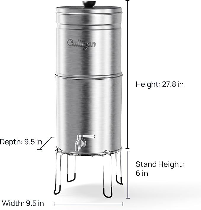 Culligan MaxClear 3 Gallon Gravity Water Filter System, Brushed Stainless-Steel Countertop Water Filter NSF/ANSI Certified to Reduce Microplastics, Lead & Total PFAS, with 3 Ceramic Filters