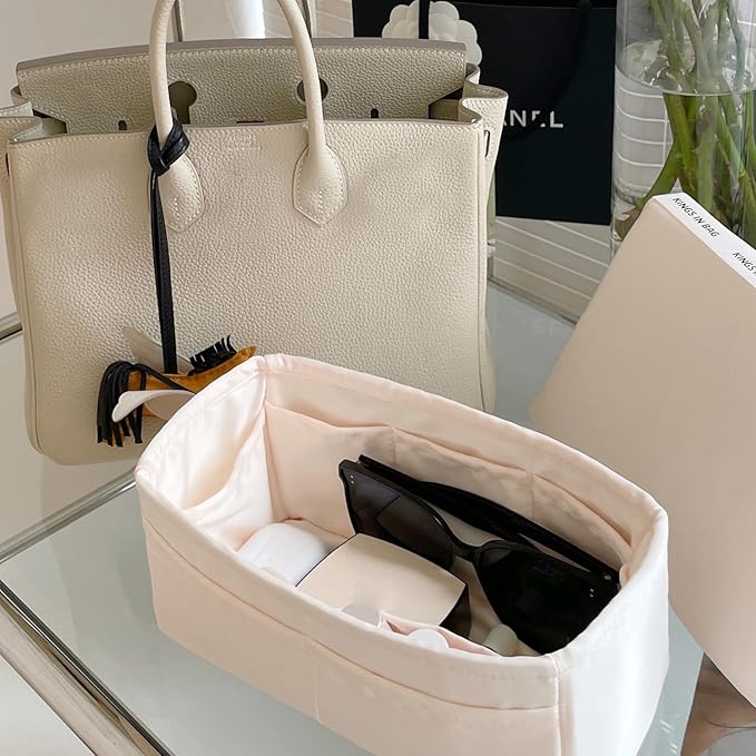 Purse Organizer Insert for Birkin 35, Lightweight & Soft Satin Organizer Insert with Pockets for Woman Bags, Ideal for Travel, Shopping, and Daily Use, Multicolor Options(Craie, BK 35)
