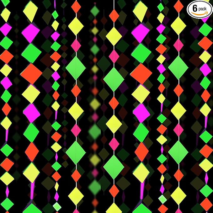 122feet Neon Streamers Glow Garland Glow in The Dark Block Hanging Paper Ornaments Blacklight Reactive Fluorescent Black Light Party Kit Neon Glow Party Supplies and Decorations for Birthday Wedding