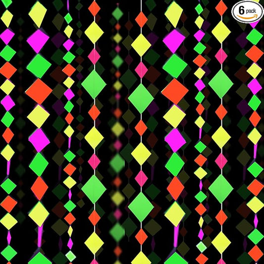 122feet Neon Streamers Glow Garland Glow in The Dark Block Hanging Paper Ornaments Blacklight Reactive Fluorescent Black Light Party Kit Neon Glow Party Supplies and Decorations for Birthday Wedding