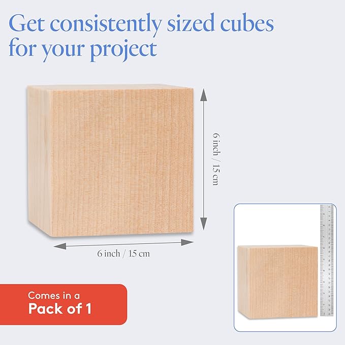 DIY Wood Cubes 6-inch, Pack of 1 Large Blank Wooden Blocks for Crafts, STEM, Building, Monitor Riser, Photo Cube Craft, and Home Decor, by Woodpeckers