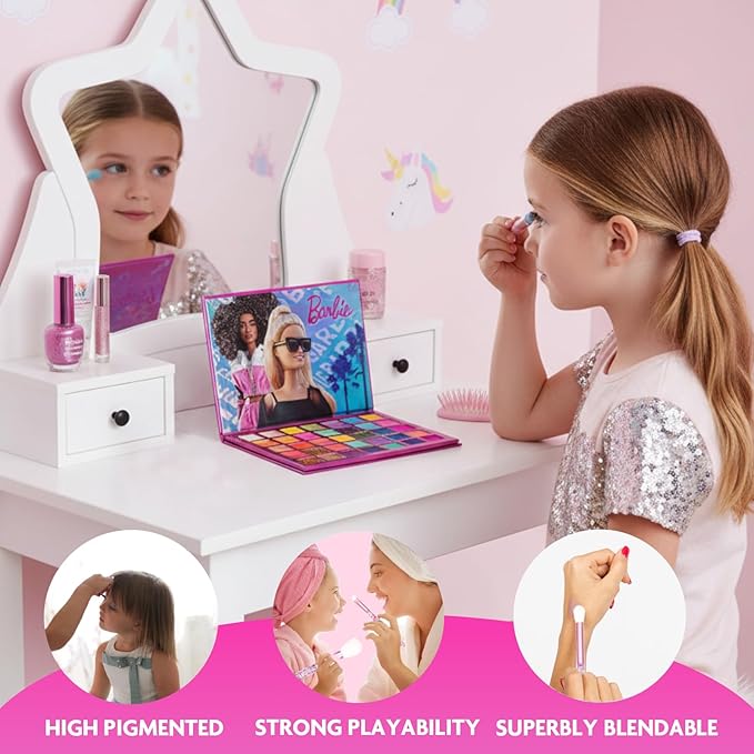 Barbie 35-Well Shadow Palette, Shimmery and Opaque Colors, Pigmented Blendable, 8 Application Brushes Ages 8+, by Townley Girl