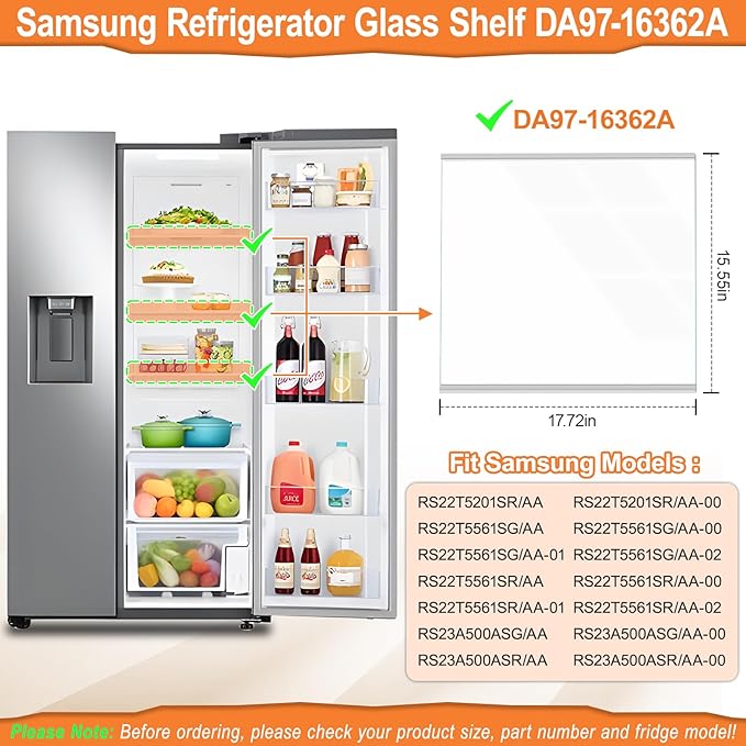 UPGRADED DA97-16362A Refrigerator Glass Shelf Compatible with Samsung Fridge Shelf Replacement Parts RS22T5201SR Shelves RS22T5561SR RS22T5561SG RS23A500ASR DA97-16362T Upper Tempered Glass Shelves