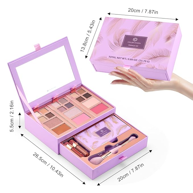Color Nymph Small Makeup Palette Set for Face | Cosmetics Gift Set for Women & Girls | 12 Colors Eyeshadow, Blush, Highlighter, Contour Powder, Lip Gloss & Brush Kit | Travel-Friendly (Purple)