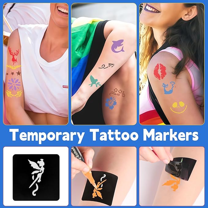 Temporary Tattoo Markers Kit, Dual-End 16 Colors with 80 Stencils for Body Art | Skin-Safe, Washable, Cosmetic-Grade | for Kids & Adults