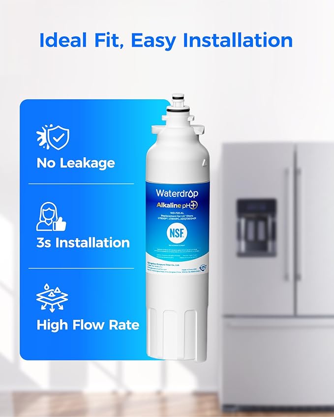 Waterdrop 𝐀𝐥𝐤𝐚𝐥𝐢𝐧𝐞 ADQ73613401 Water Filter, 𝐄𝐧𝐡𝐚𝐧𝐜𝐞𝐬 𝐩𝐇, Replacement for LG® LT800P®, ADQ73613402, ADQ75795104, LSXS26326S, LMXC23746S, LSXS26366S, LSXS26386D, 4 Filters
