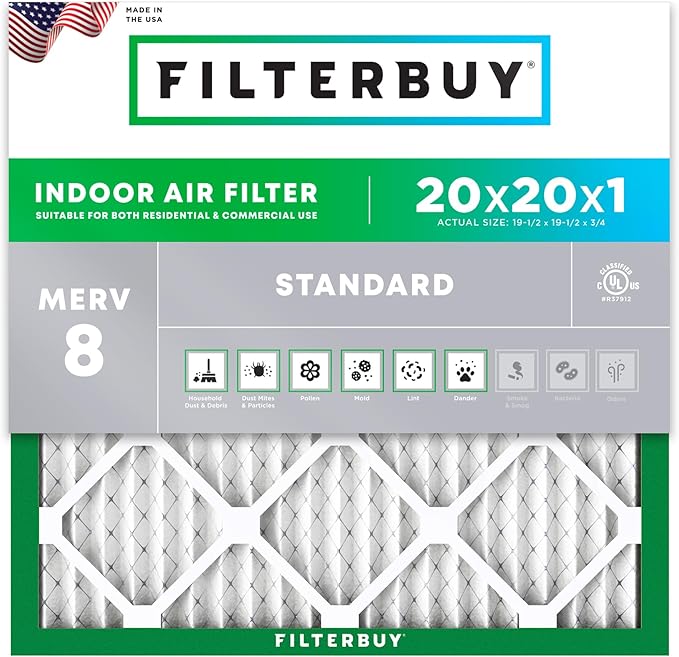 Filterbuy 20x20x1 Air Filter MERV 8 Essential Dust & Allergy Defense (1-Pack), Electrostatic Pleated HVAC AC Furnace Filters Replacement (Actual Size: 19.50 x 19.50 x 0.75)
