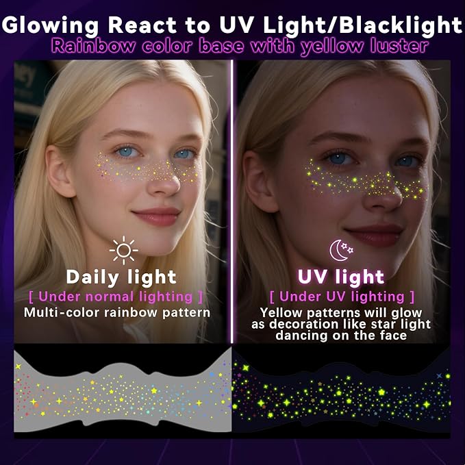 Noerrors 6pcs Rainbow Freckles Face Tattoo Sticker Glow under UV Light Blacklight in the Dark, Neon Fluorescent Glitter Colorful Star Fake Faux Freckle Temporary Patches Makeup for Party Supplies #01