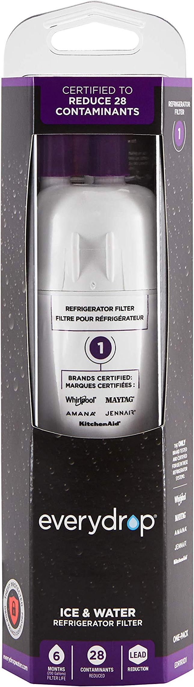 everydrop by Whirlpool Ice and Water Refrigerator Filter 1, EDR1RXD1, Single-Pack, Purple & Affresh Dishwasher Cleaner, Helps Remove Limescale and Odor-Causing Residue, 6 Tablets