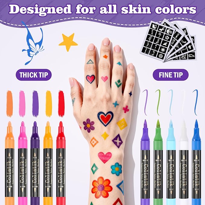 Temporary Tattoo Markers for Skin – Dual-End 16 Colors + 80 Stencils Kit, Skin-Safe Washable Cosmetic-Grade Body Art Pens for Kids & Adults