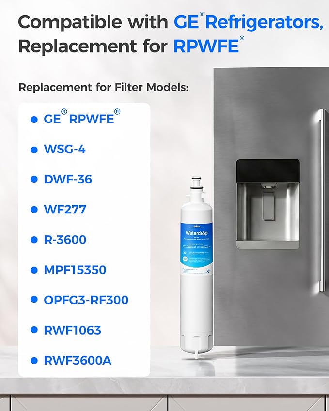 Waterdrop Replacement for GE® RPWFE®, RPWF (Built-in CHIP) Refrigerator Water Filter, Compatible with GFE28GYNFS, GFE28GELDS, PFE28KELDS, PFE28KYNFS, GFD28GELDS, PWE23KELDS, 2 Filters