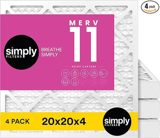 Simply 20x20x4 Air Filter, MERV 11, 4 Pack, Furnace Air Filter for HVAC (Actual Size:19.5"x19.5"x3.63") DUST, Pet, & Allergy Control