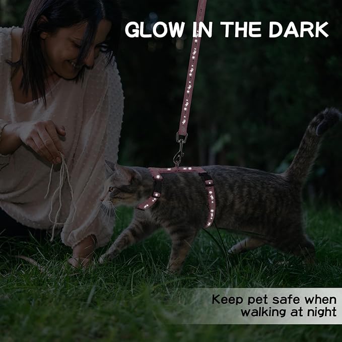 PAWCHIE Cat Harness with Leash and Collar Set - Escape Proof Adjustable H-shped Cat Harness with Star and Moon Pattern Glow in The Dark for Kitty Outdoor Walking, Pink M