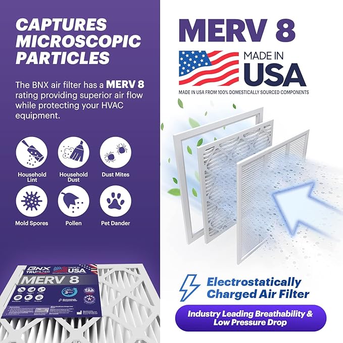 BNX TruFilter 16x20x1 Air Filter MERV 8 (4 Pack) - MADE IN USA – Dust & Pet Defense Electrostatic Pleated Air Conditioner HVAC AC Furnace Filters for Dust, Pet, Mold, Pollen MPR 600 – 700 & FPR 5