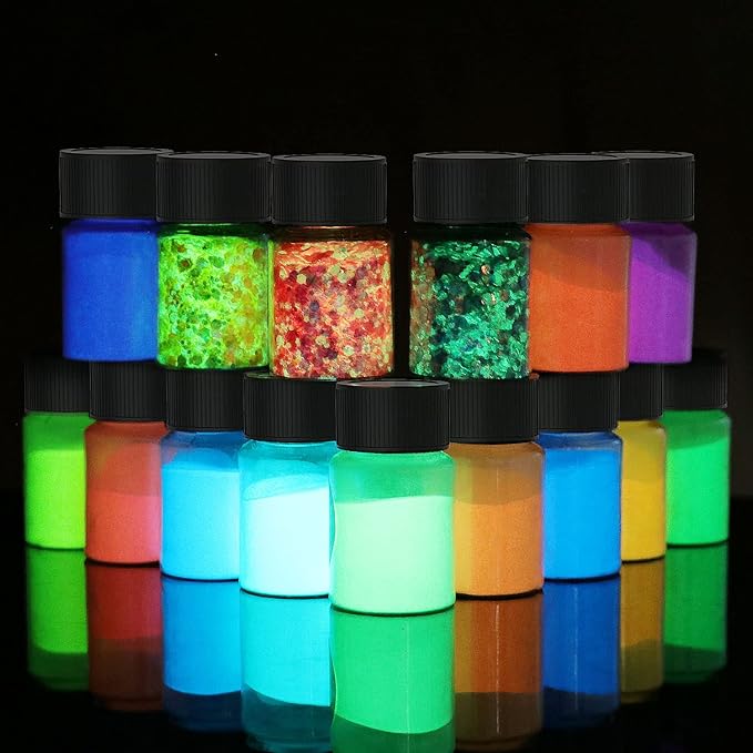 Glow in The Dark Pigment Powder 15 Jar -12 Color Glow Pigment and 3 Color Luminous Flake with UV Lamp - Epoxy Resin Luminous Powder for Slime Kit,Skin, Nail Safe Long Lasting Self Glowing Dye for DIY…