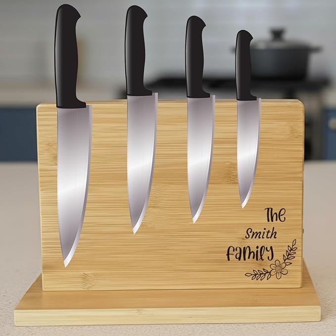 Personalized 12x9 Acacia Wood Magnetic Knife Holder for Countertop, Knife Block with Strong Double-Sided Magnet, Wooden Stand for Kitchen, Large Capacity Storage for Kitchen, Custom Engraved Gift