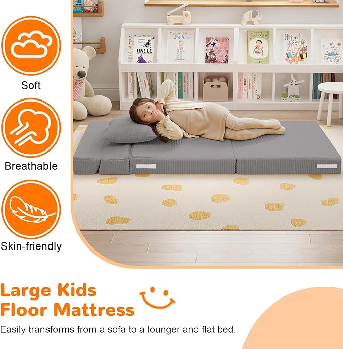 MeMoreCool Folding Sofa for Kids, Corduroy Fold Out Futon Chair, Small Foldable Floor Mattress, Portable Children Couch Sofa, Light Grey