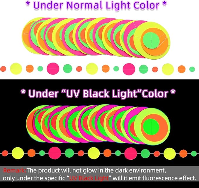 115feet Paper UV Round Neon Garland Streamers Black Light Decorations for Glow Party Supplies and Decorations UV Reactive Neon Party Favors Glow in The Dark for Wedding Birthday Banners