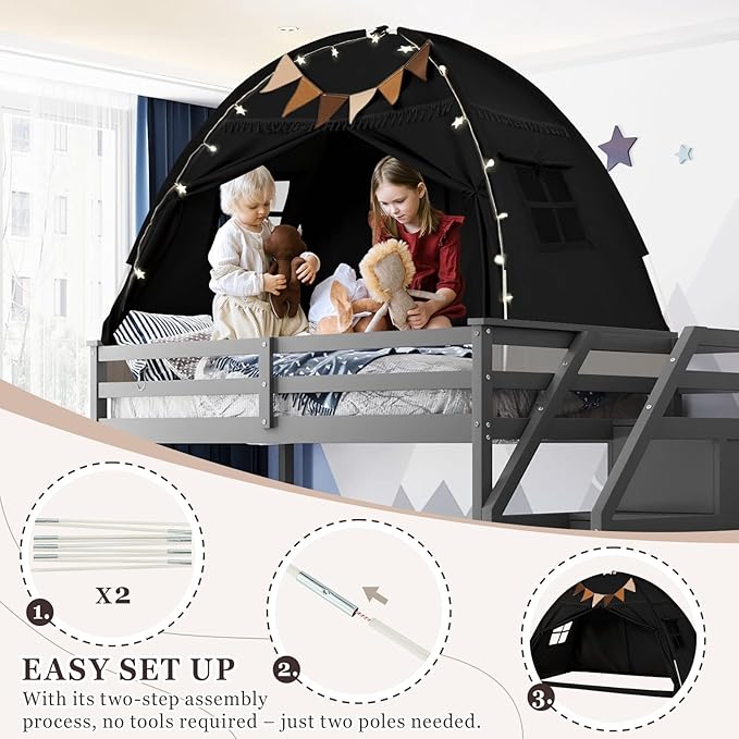 Full Size Bed Tent Canopy, Kids Play Tent with Flags & Star Lights, Canopy on Bed Privacy Space Sleeping Blackout Tents, Indoor Breathable Portable & Foldable, XL-Large Black Tassels Style