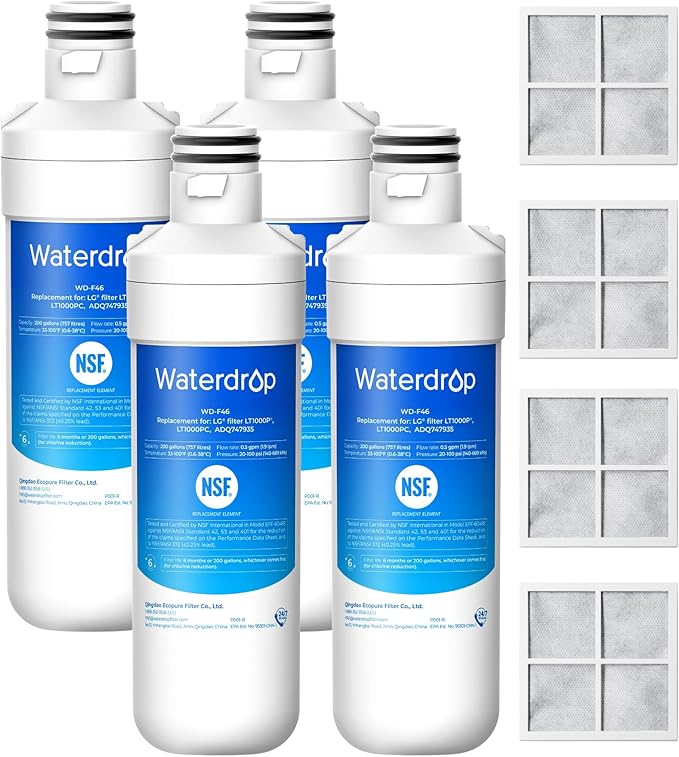 Waterdrop LT1000PC ADQ747935 Refrigerator Water Filter and Air Filter, Replacement for LG® LT1000P®, LMXS28626S, LFXS26973S, LFXS26596S, LFXS28596S, ADQ74793501, ADQ74793502 and LT120F®, 4 Combo