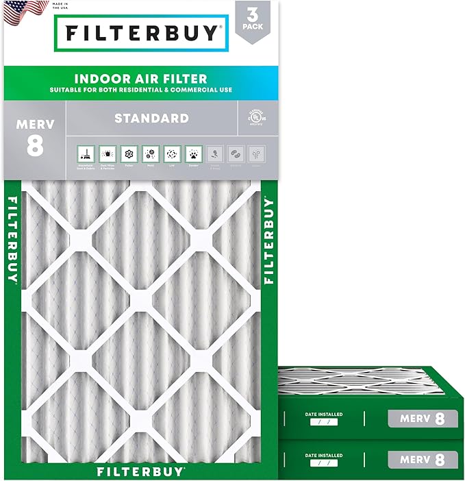 Filterbuy 14x25x2 Air Filter MERV 8 Essential Dust & Allergy Defense (3-Pack), Electrostatic Pleated HVAC AC Furnace Filters Replacement (Actual Size: 13.50 x 24.50 x 1.75)