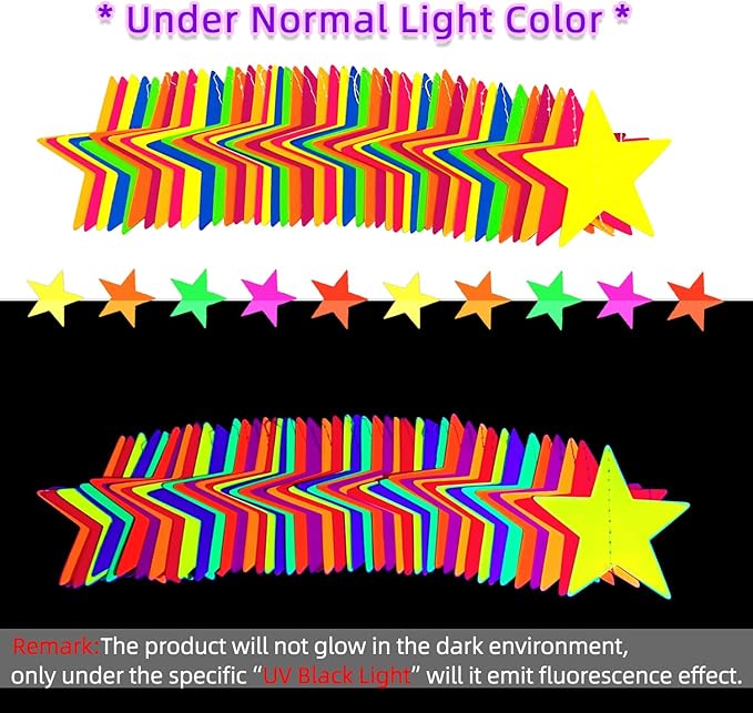 120feet UV Neon Star Garland Hanging Paper Streamers Glow in The Dark Black Light Glow Party Supplies and Decorations Glow in The Dark Garlands Blacklight Reactive Fluorescent Party Kit for Birthday