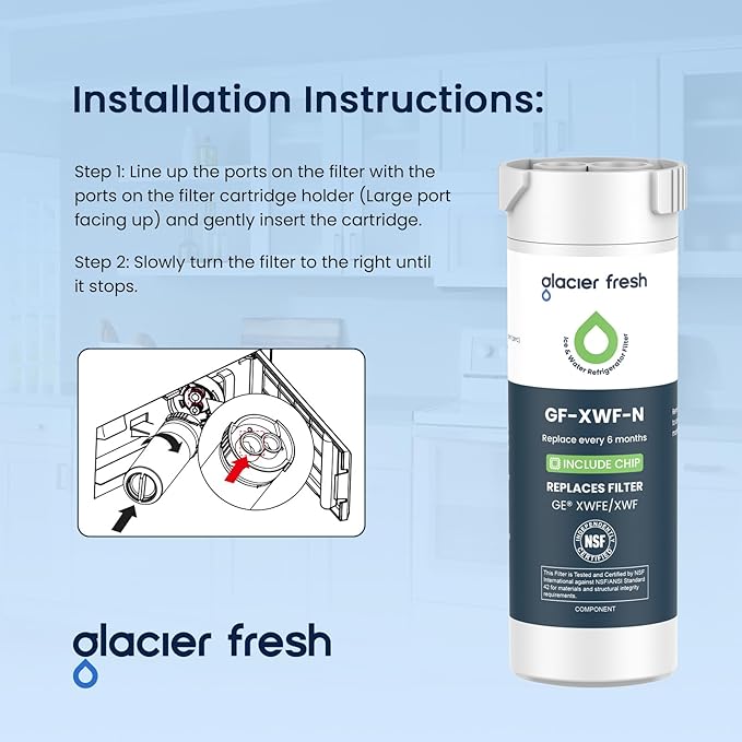 GLACIER FRESH Water Filter Compatible with XWFE (Built-in CHIP), Replacement for GE XWFE, XWF Refrigerator Water Filter NSF/ANSI 42 Certification Pack of 1