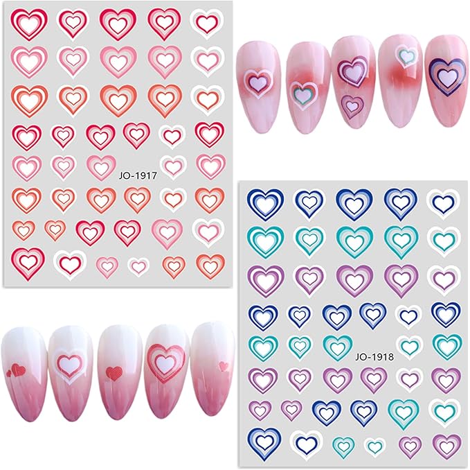 Heart Nail Art Stickers, 3D Love Heart Nail Self-Adhesive Sticker Design, Holographic Big Gradient Heart Nail Transfer Decals for Women Girls Manicure Charms Decorations, DIY Acrylic Decal Supplies