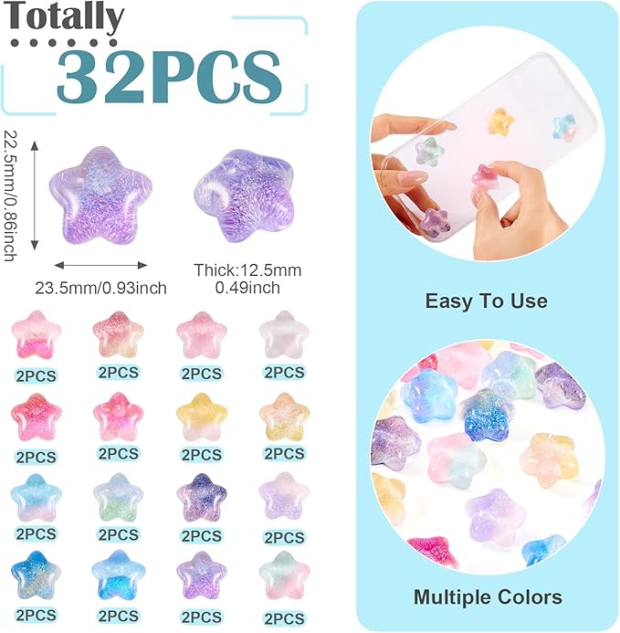 32Pcs Luminous Star Charms Glow in The Dark Star Flatback Charms Colorful Glitter Charm for Scrapbooking Card Hair Clip Jewelry Making Photo Decor