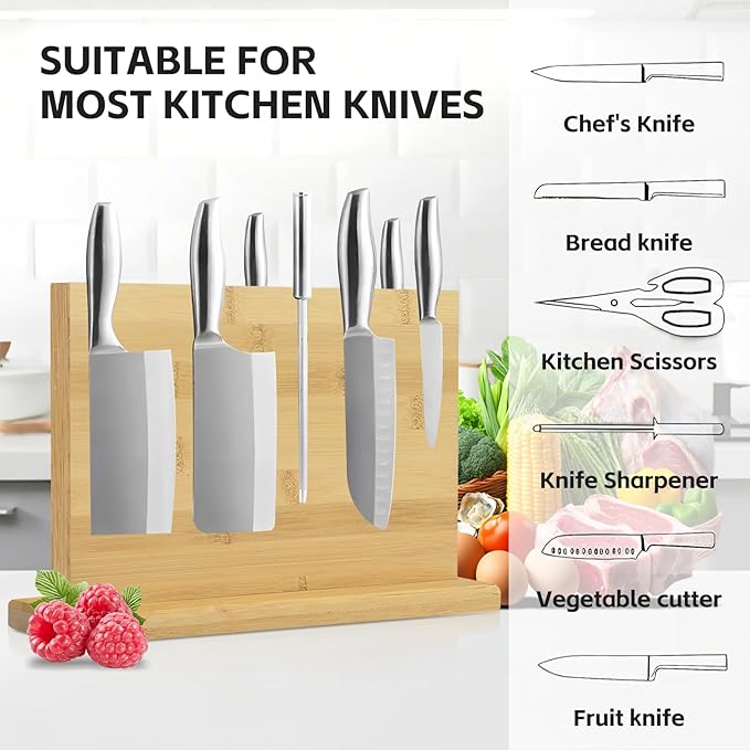 Double Sided Bamboo Magnetic Knife Stand,Kitchen Storage with Strong Magnets for Knives & Utensils,Modern Wooden Knife Block for Kitchen Countertops, Without Knives,10.9"x7"