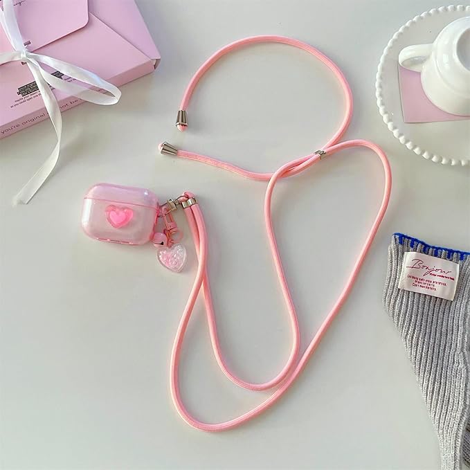 Pink Transparent Glitter with 3D Raised Heart Silicone Case for AirPods Pro 3 (2025) - Cute Shockproof Cover with Detachable Long Neck Lanyard, Travel Keychain, MagSafe Compatible,for Women