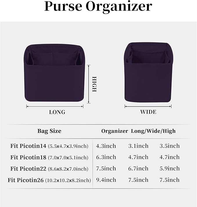 Purse Organizer Insert for Picotin 18/22, Satin Bag Organizer for Picotin Bags, Lightweight Purse Essentials for Women Luxury Handbags, Soft Touch Inner Liner with Multiple Pockets (Raisin, PC18)