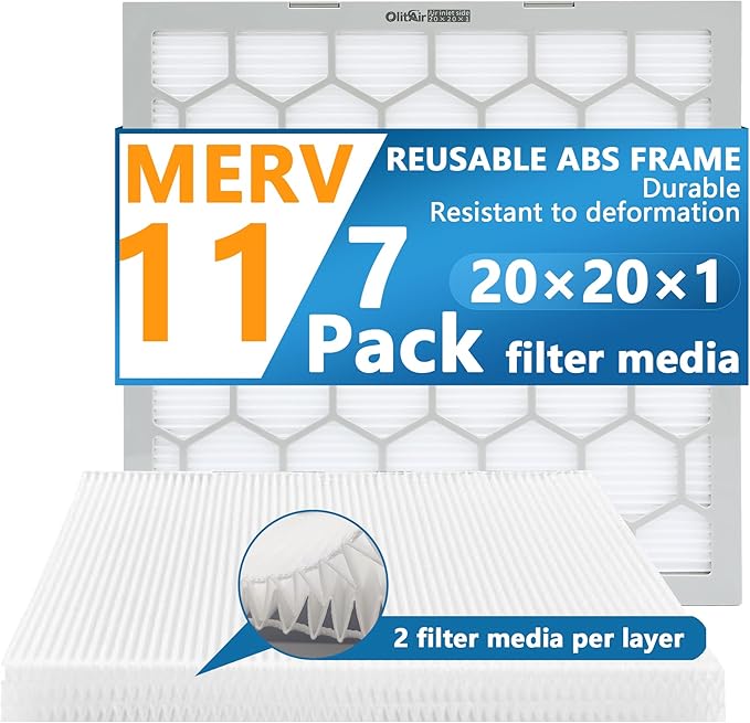 20x20x1 MERV 11 Air Filter,AC Furnace Air Filter,Reusable ABS Plastic Frame, 7 Pack Replaceable Filter Media (Actual Size: 19 3/4" x 19 3/4" x 3/4")