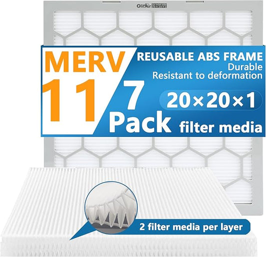 20x20x1 MERV 11 Air Filter,AC Furnace Air Filter,Reusable ABS Plastic Frame, 7 Pack Replaceable Filter Media (Actual Size: 19 3/4" x 19 3/4" x 3/4")