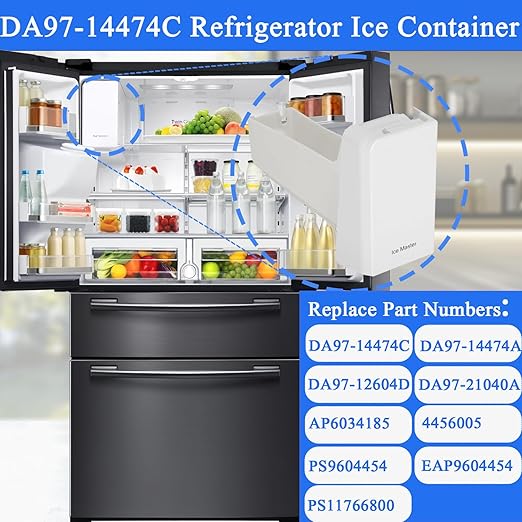 DA97-14474C, DA97-14474A, DA97-12604D Ice Bucket, ice Container Bucket Compatible with Samsung RF25, RF26, RF28, Series Refrigerator etc, Part Number: DA97-21040A, AP6034185 etc One Year Warranty