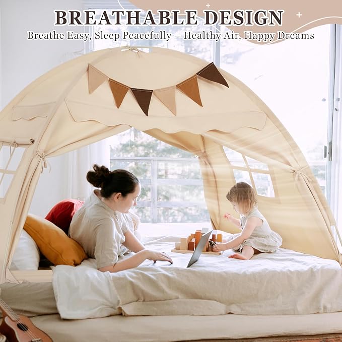 Twin Size Bed Tent Canopy, Kids Play Tent with Flags & Star Lights, Canopy on Bed Privacy Space Sleeping Blackout Tents, Indoor Breathable Portable & Foldable, Girls & Boys Gifts, Cream Castle Style
